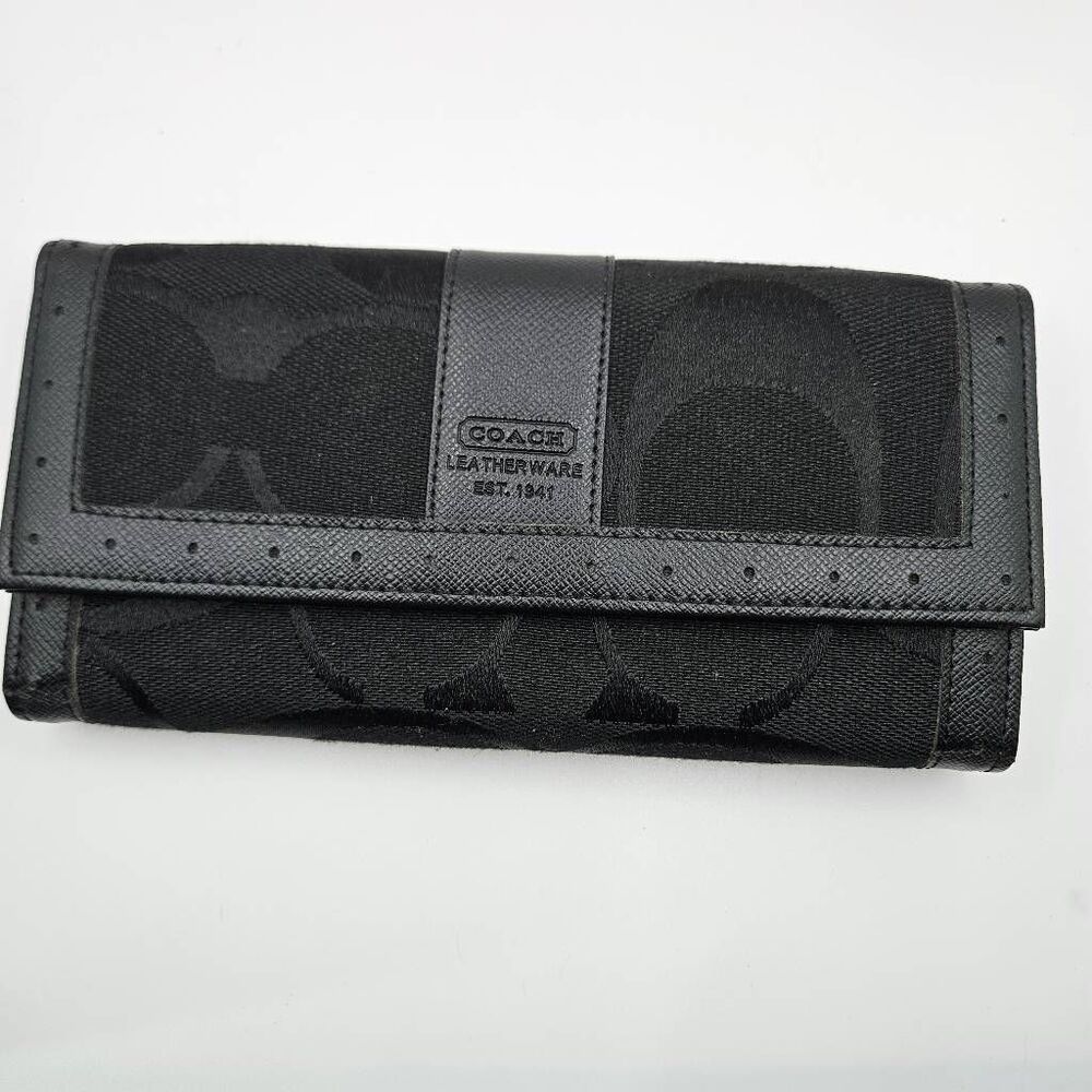 Coach Legacy Slim Trifold Wallet Signature Logo Black Canvas Leather Trim EUC